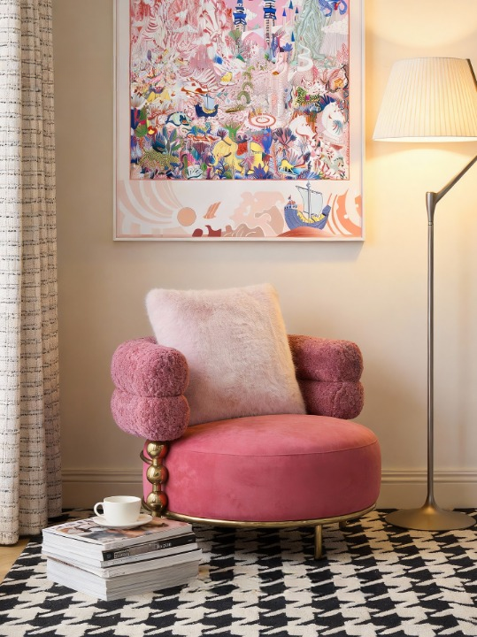 Pink Accent Chair with Faux Fur Arms and Gold Metal Base