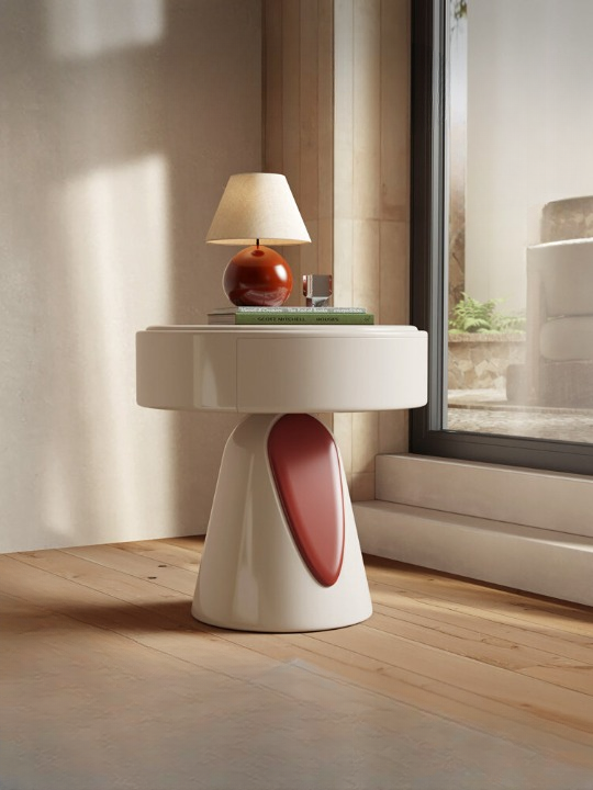 Cream Round Nightstand with Drawer, High Gloss Lacquered Bedside Table, Modern Pedestal End Table with Red Accent Panel, Compact Storage Side Table for Bedroom, Living Room, Small Spaces