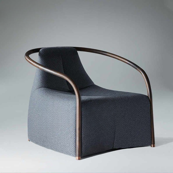 Light Blue Fabric Accent Chair with Curved Tubular Armrest, Modern Upholstered Lounge Chair for Living Room, Bedroom, Hotel Lobby, Office, Reception Area, Study and Reading Corner