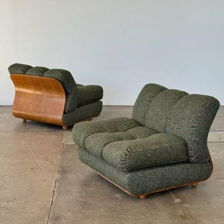 Modern Olive Green Cloud Accent Chair, Upholstered Single Sofa Chair with Curved Wood Base, Tufted Lounge Chair for Living Room, Bedroom, Reading Nook, Balcony, Hotel Lobby