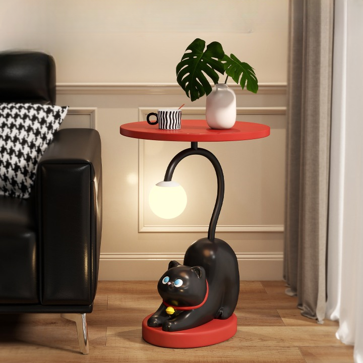 Black Resin Cat Side Table with Globe Night Light, Red Round Wood Top, Whimsical Sculptural End Table for Living Room, Bedroom, Sofa Side and Reading Corner