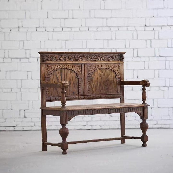 Dark Brown Solid Wood 2-Seat Carved Loveseat Bench
