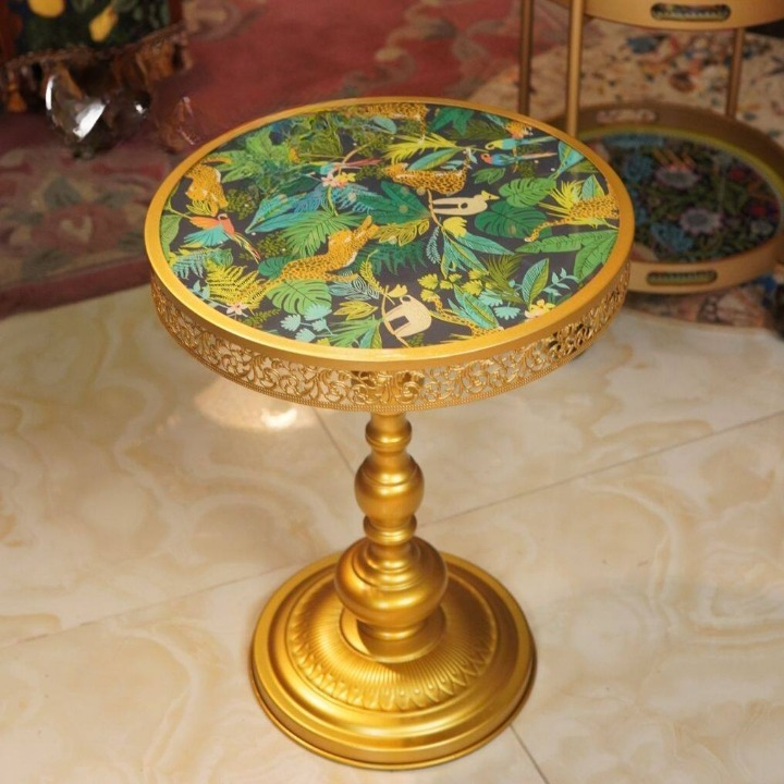 Gold Round Pedestal Side Table, Tropical Botanical Print Accent Table with Decorative Tray Top, Luxury Small Sofa End Table for Living Room, Bedroom, Entryway and Lounge Decor