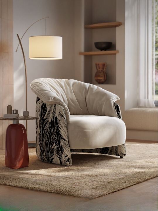 Oversized Cream Accent Chair, Modern Upholstered Lounge Chair with Black Botanical Pattern Sides, Wide Barrel Style Armchair for Living Room, Bedroom, Reading Nook, Apartment, Hotel Lobby