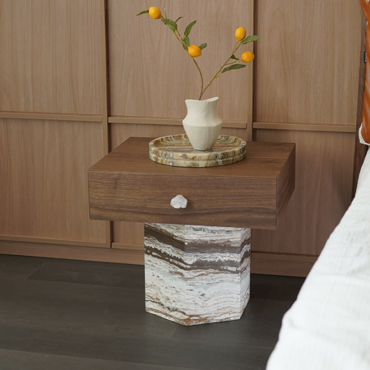 Walnut Nightstand with Natural Stone Pedestal Base, Modern Minimalist Bedside Table with Drawer, Rectangular Wood Storage Cabinet, Bedroom Side Table for Bedside, Living Room, Lounge
