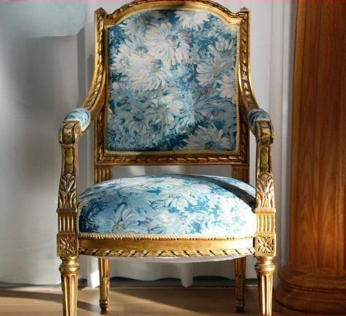 Blue Floral Upholstered Accent Chair, French Style Carved Solid Wood Armchair with Gold Finish Frame, Vintage Single Sofa Chair for Living Room, Bedroom, Lounge, Hotel, Reading Nook