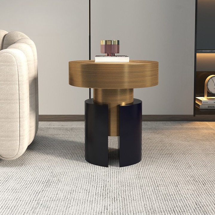 Round Stainless Steel Side Table, Brushed Antique Bronze Accent Table with Black Cylinder Base, Modern Metal End Table for Living Room, Sofa Side, Bedroom, Lounge