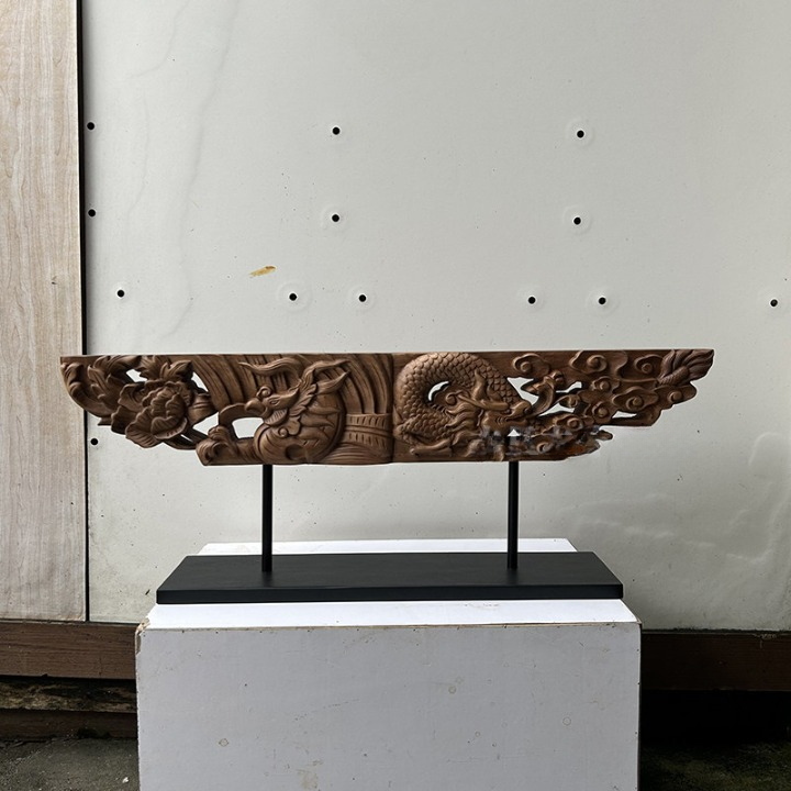 Dragon Phoenix Wood Sculpture, Carved Tabletop Decor, 33.1 Inch
