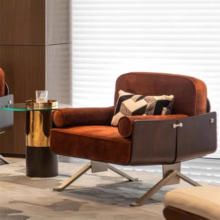Brown Velvet Accent Chair with Walnut Wood Sides and Steel Legs