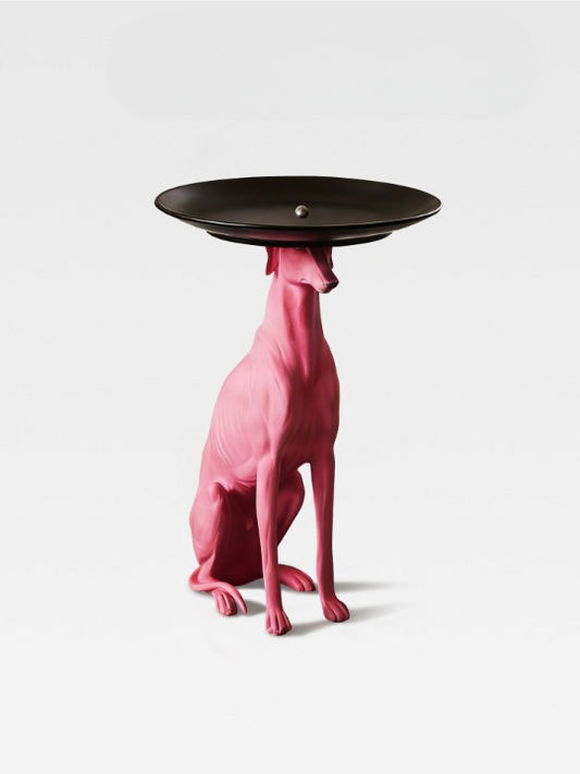 Pink Dog Tray Table Sculpture, Modern Animal Side Table with Round Metal Tray, Decorative Resin Pedestal Accent Table for Living Room, Entryway, Bedroom, Office, Hotel Decor