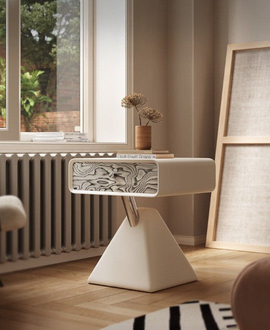 Cream White Sculptural Nightstand, Modern Bedside Table with Drawer and Pyramid Base, Compact Accent Storage Cabinet for Bedroom, Guest Room, Apartment, Dorm, and Small Spaces