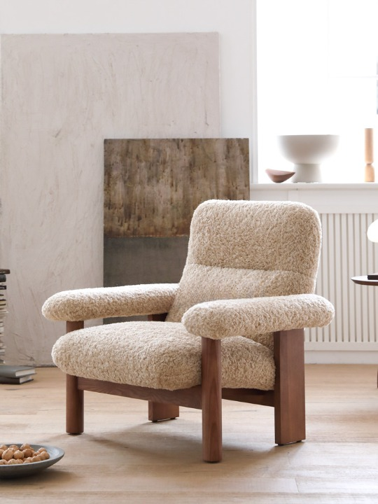 Cream Boucle Lounge Chair, Wood Frame with Wide Padded Arms