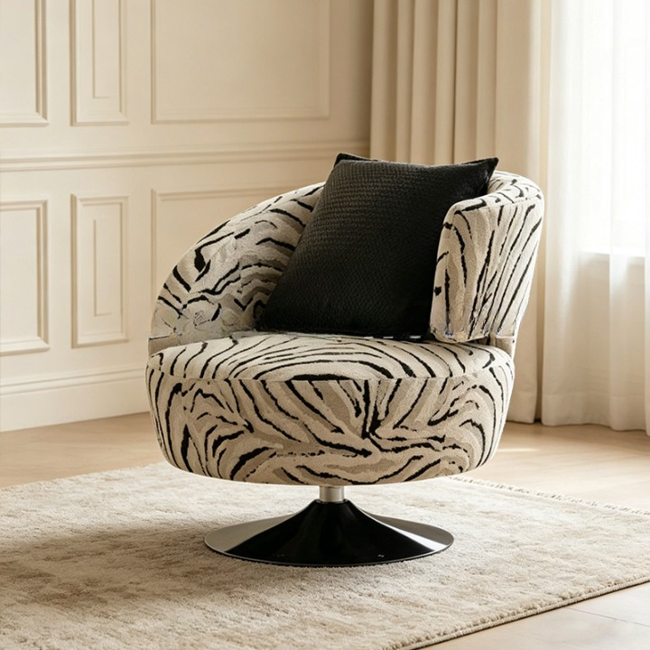 Zebra Print Swivel Barrel Accent Chair with Black Pillow, Upholstered Round Lounge Chair for Living Room, Bedroom, Reading Corner, Office, Balcony and Modern Home Decor