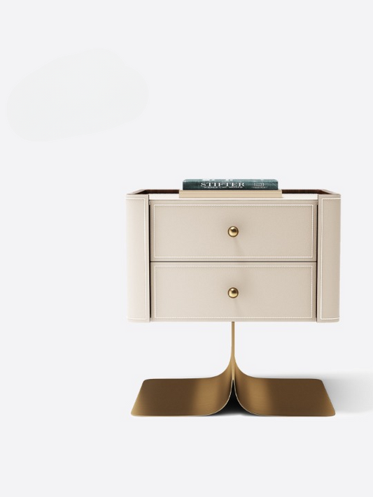 Cream Leather Look Nightstand with 2 Drawers, Modern Bedside Table with Gold Tone Pedestal Base, Solid Wood Frame Storage Cabinet for Bedroom, Living Room, Guest Room, Small Spaces