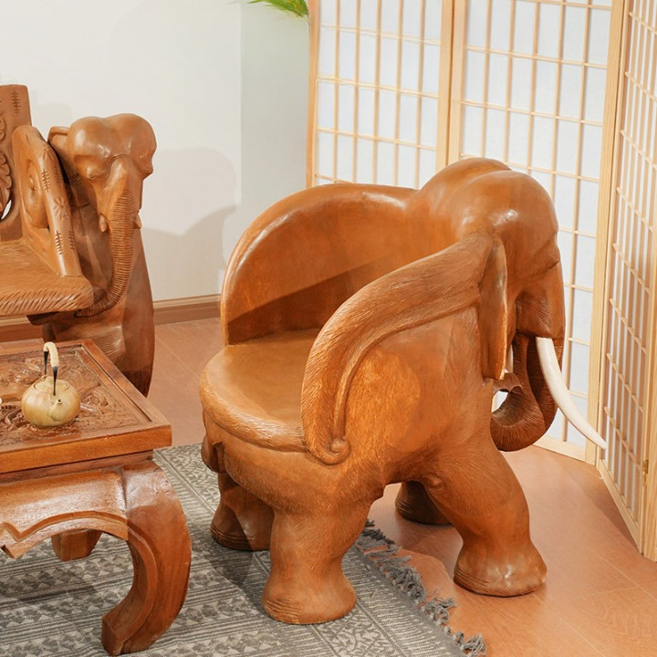 Hand-Carved Solid Wood Elephant Accent Chair, Natural Brown