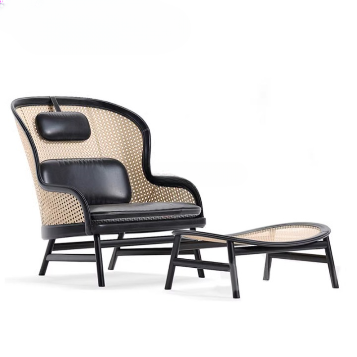 Black Rattan Cane Back Accent Chair, Solid Wood High Back Lounge Chair with Cushioned Seat and Pillow, Woven Armchair for Living Room Bedroom Reading Corner Balcony