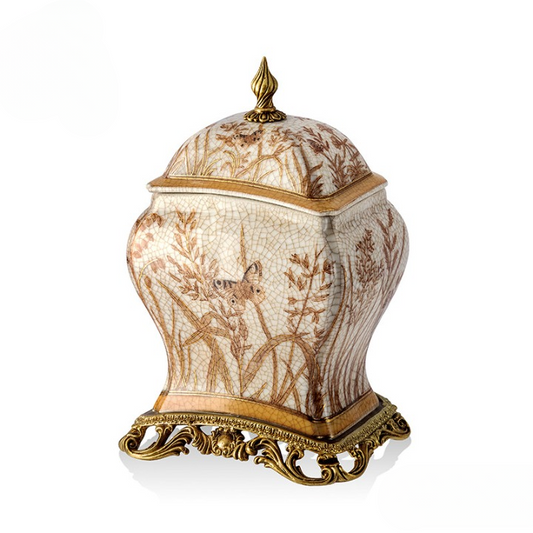 Ivory Crackle Glaze Ceramic Lidded Jar with Gold-Tone Base