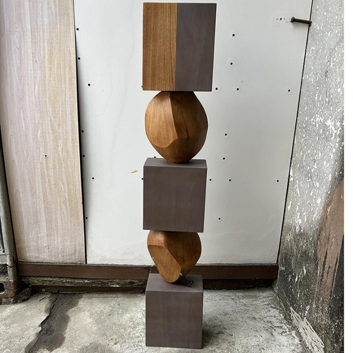 Tall Abstract Solid Wood Floor Sculpture, Geometric Modern Decor, 65 Inch