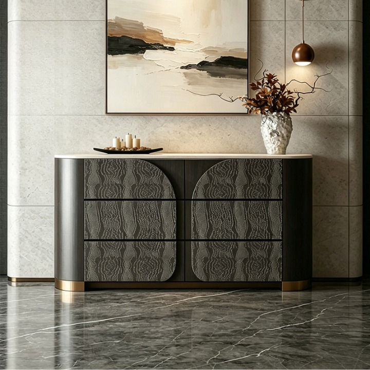 Modern Black Sideboard with 6 Drawers and Gold Accents, 55 Inch