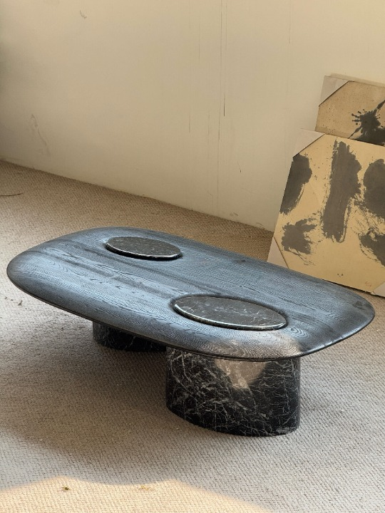 Oval Solid Wood Coffee Table, Black Travertine Accent Cocktail Table for Living Room
