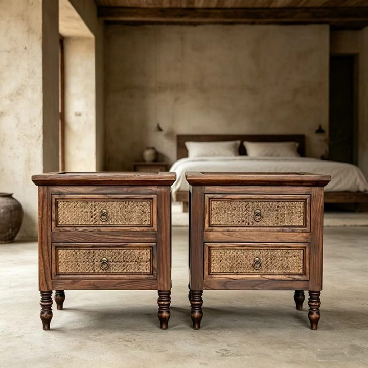Solid Elm Wood Nightstand with 2 Rattan Drawer Fronts, Rustic Bedside Table with Turned Legs and Distressed Brown Finish for Bedroom, Guest Room or Living Room