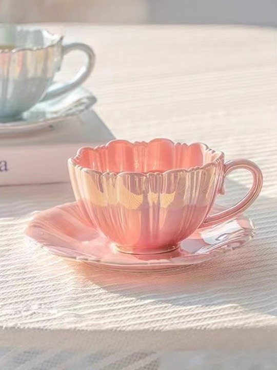 Pearlescent Glass Coffee Cup and Saucer Set, 13 oz Iridescent Tea Cup