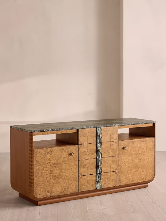 Burl Wood Sideboard Cabinet with Marble Top, Solid Wood Buffet Cabinet, 2 Door 4 Drawer Dining Room Credenza, Entryway Storage Cabinet, Living Room Console Cabinet with Shelves