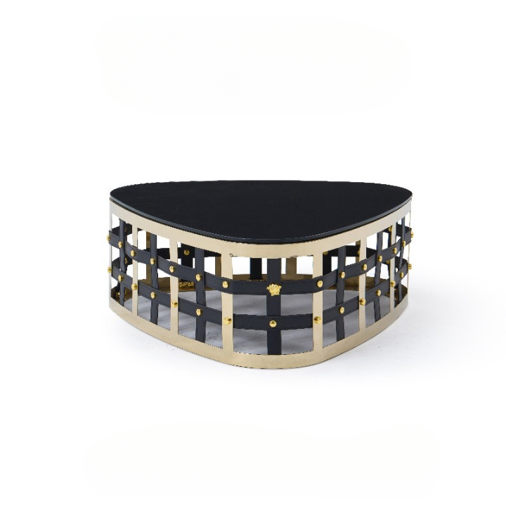 Modern Black Glass Coffee Table, Rounded Triangle Coffee Table with Gold Stainless Steel Frame, Saddle Leather Lattice Accent, Contemporary Center Table for Living Room and Lounge