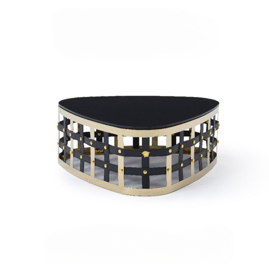 Modern Black Glass Coffee Table, Rounded Triangle Coffee Table with Gold Stainless Steel Frame, Saddle Leather Lattice Accent, Contemporary Center Table for Living Room and Lounge