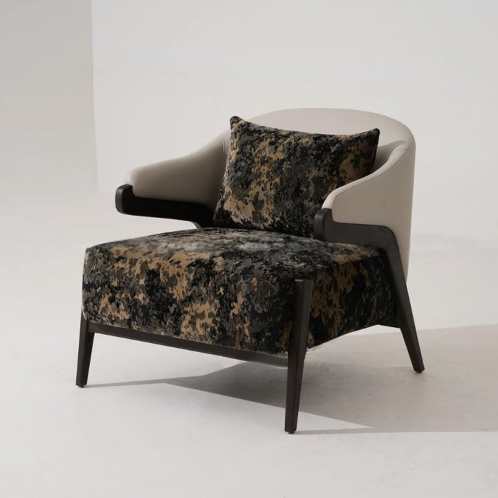 Modern Nordic Accent Chair, Solid Wood Frame Lounge Armchair with Abstract Pattern Upholstery and Lumbar Pillow, Luxury Single Sofa Chair for Living Room, Reception Area, Bedroom, Hotel Lobby and Reading Nook