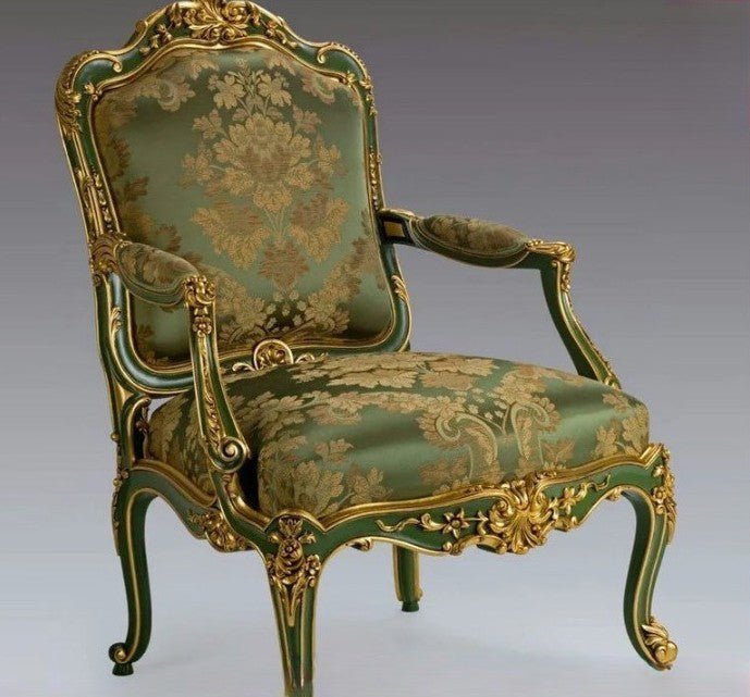 Green Floral Upholstered Accent Chair, French Style Carved Solid Wood Armchair with Gold Finish Frame, Luxury Dining Chair for Living Room, Bedroom, Office, Balcony, Reading Nook