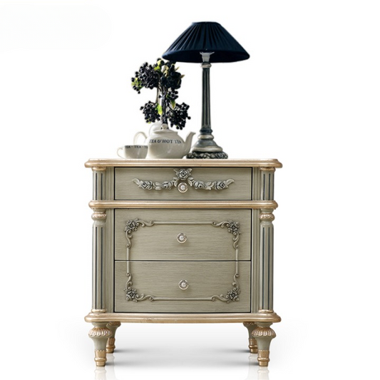 Gray and Gold Solid Wood Nightstand, Vintage Style Bedside Table with 3 Drawers, Ornate Carved Accent Cabinet for Bedroom, Living Room, Entryway, Guest Room Storage