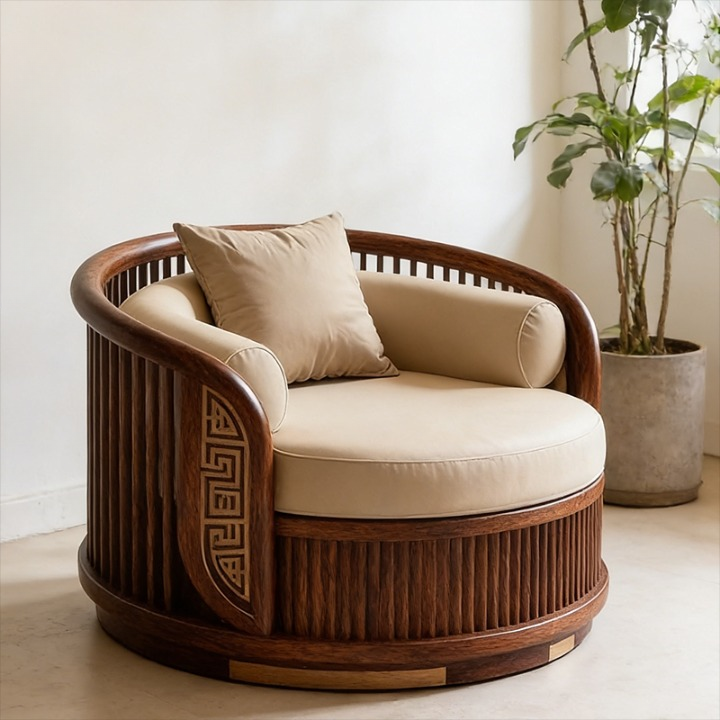 Ash Wood Barrel Accent Chair with Curved Wood Frame, Upholstered Lounge Chair with Lumbar Pillow, Modern Luxury Single Sofa Chair for Living Room, Bedroom, Office &amp; Reception