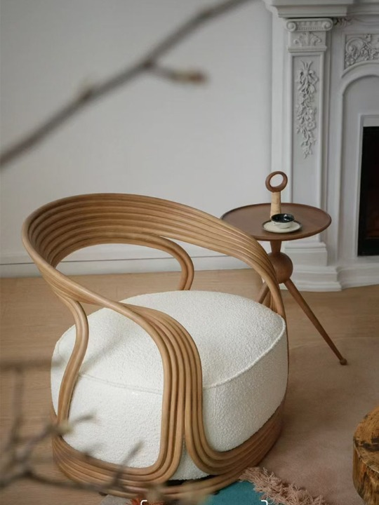 Natural Rattan Boucle Lounge Chair, Curved Vine-Style Accent Armchair with Ivory Sherpa Cushion, Southeast Asian Inspired Single Sofa Chair for Living Room, Bedroom, Balcony, Hotel, Resort, and Reading Nook