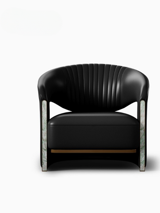 Black Leather Accent Chair, Modern Lounge Chair with Turquoise Stone Arm Accents, Bronze Detail Single Sofa Chair, Curved Back Armchair for Living Room, Bedroom, Villa, Office
