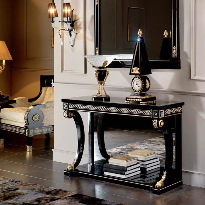 Black Console Table with Gold Accents and Lower Display Shelf