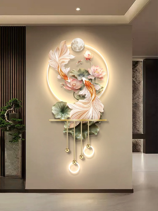 Modern Koi Fish Wall Art 27 x 57 Inch, 3D Lotus LED Lighted Wall Decor