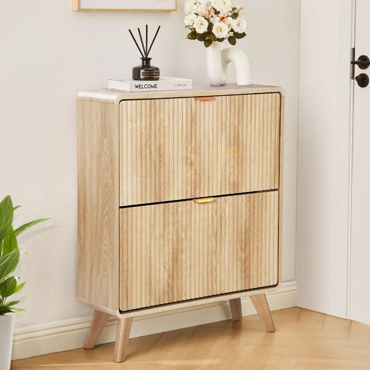 Natural Fluted Shoe Cabinet with 2 Flip Drawers for Entryway