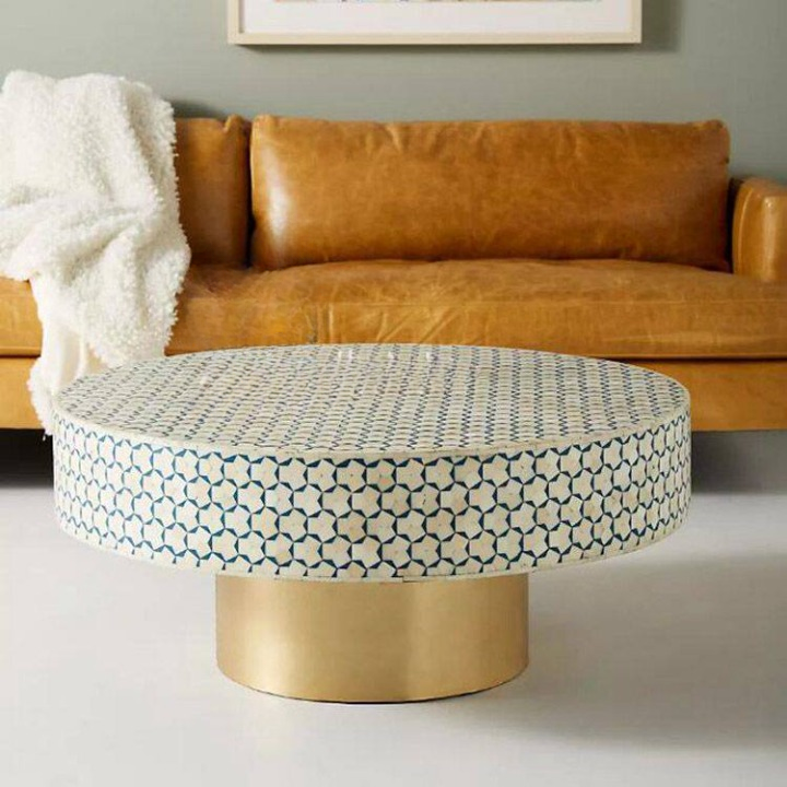Round Mosaic Inlay Coffee Table with Brushed Gold Metal Base