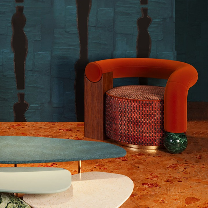 Orange Velvet Barrel Accent Chair with Wood and Marble Sphere Base
