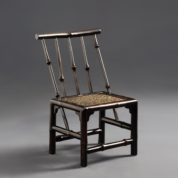 Black Bamboo Low Back Chair with Woven Seat, 27 Inch Tea Chair