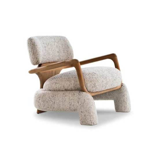 Gray White Boucle Accent Chair with Solid Wood Arms for Living Room