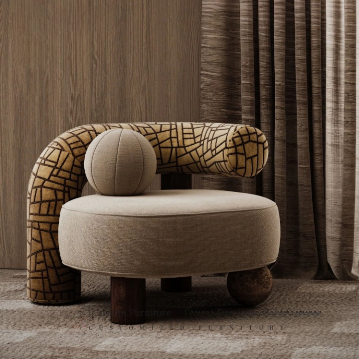 Beige Linen Sculptural Curved Back Accent Chair for Living Room