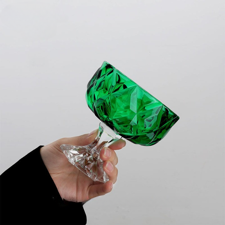 Green Crystal Dessert Coupe, 10.8 oz Vintage Footed Ice Cream Bowl, Emerald Diamond Pattern Cocktail Glass, Stemmed Dessert Cup for Sundaes, Champagne, Cocktails, Fruit, Pudding and Parties, Set of 1