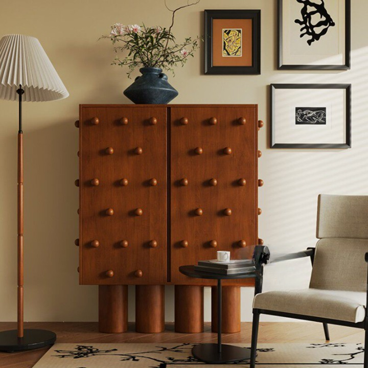 Walnut Brown Solid Wood Cabinet, 2-Door Studded Storage
