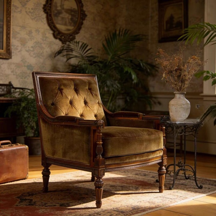 Brown Velvet Tufted Accent Chair with Carved Solid Wood Frame