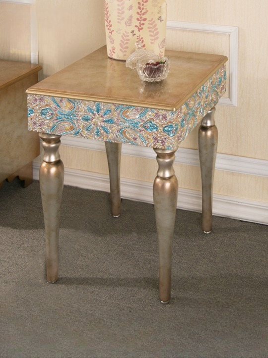 Neoclassical Floral Side Table with Carved Apron and Turned Wood Legs, 19.7 Inch Square Accent Table for Living Room, Bedroom, Entryway and Sofa Side
