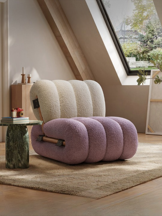 Oversized Sherpa Accent Chair, Cream and Mauve Upholstered Lounge Chair with Channel Tufted Cushions, Modern Single Sofa Chair for Living Room, Bedroom, Reading Nook, Apartment, and Cozy Corner Seating