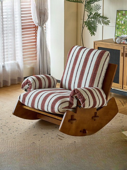 Brown Striped Upholstered Wood Rocking Chair for Adults