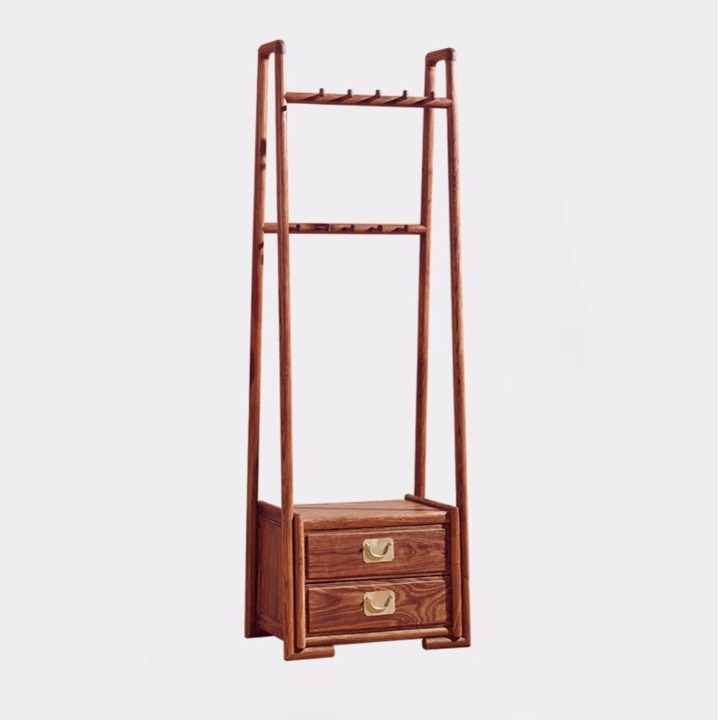 Tall Reddish Brown Solid Wood Coat Rack with 2 Drawers, Freestanding Garment Valet Stand with Dual Peg Rails for Bedroom, Entryway, Dressing Room and Hotel